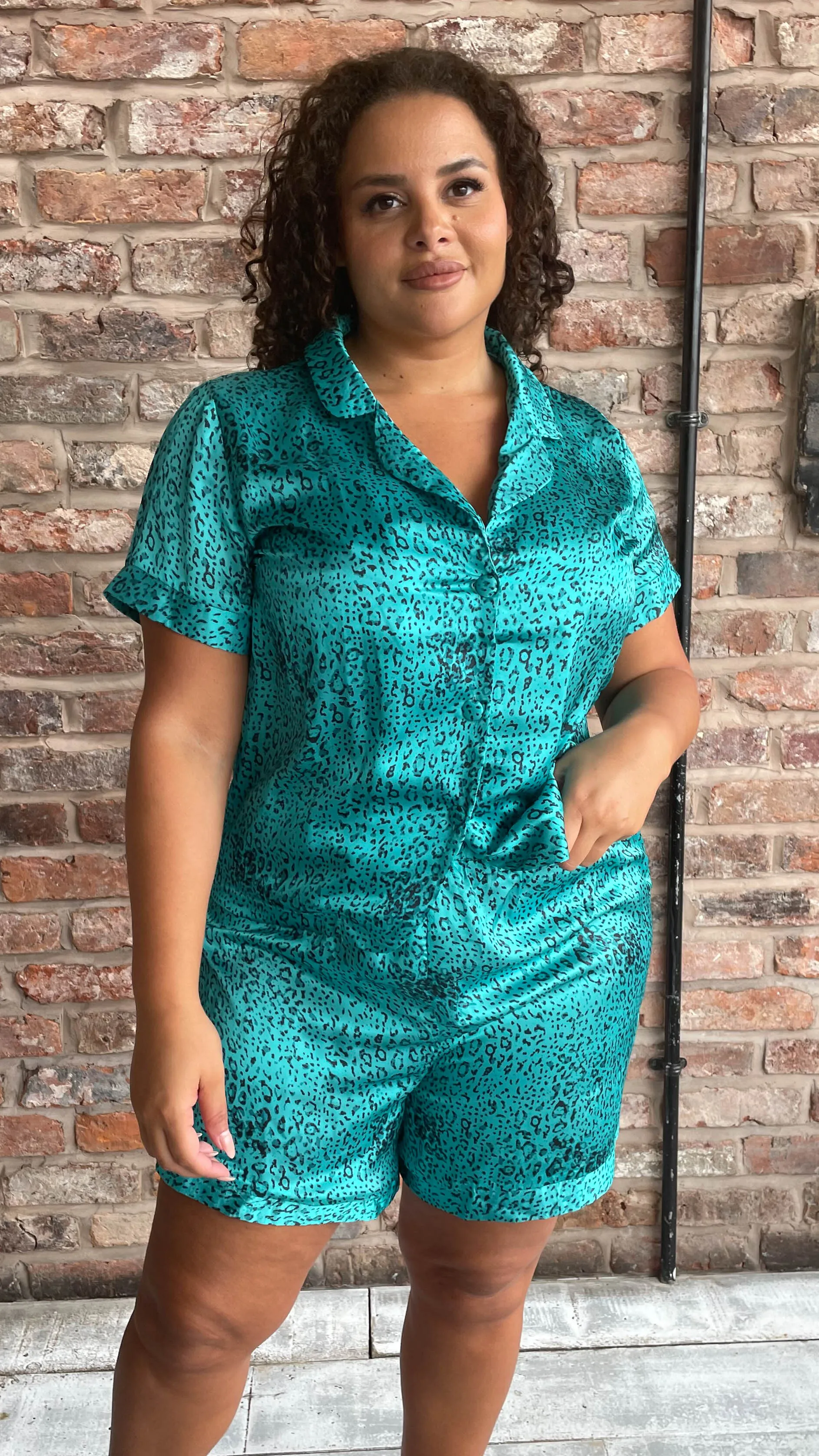 CurveWow Green Leopard Print Satin Pyjama Short Set