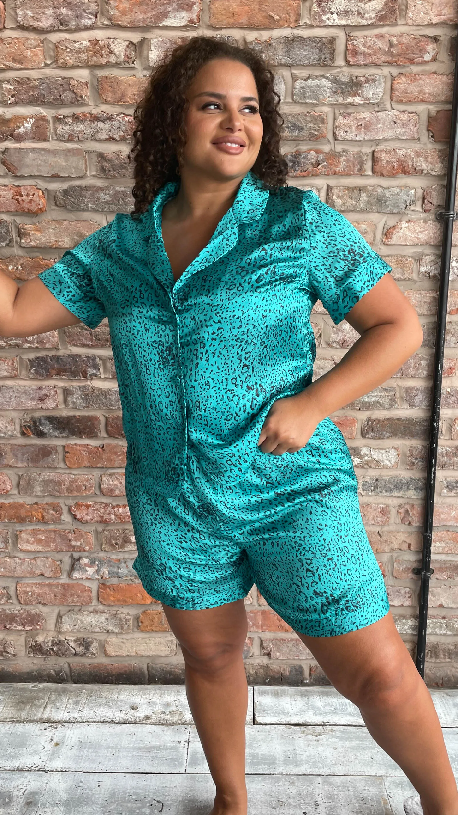 CurveWow Green Leopard Print Satin Pyjama Short Set