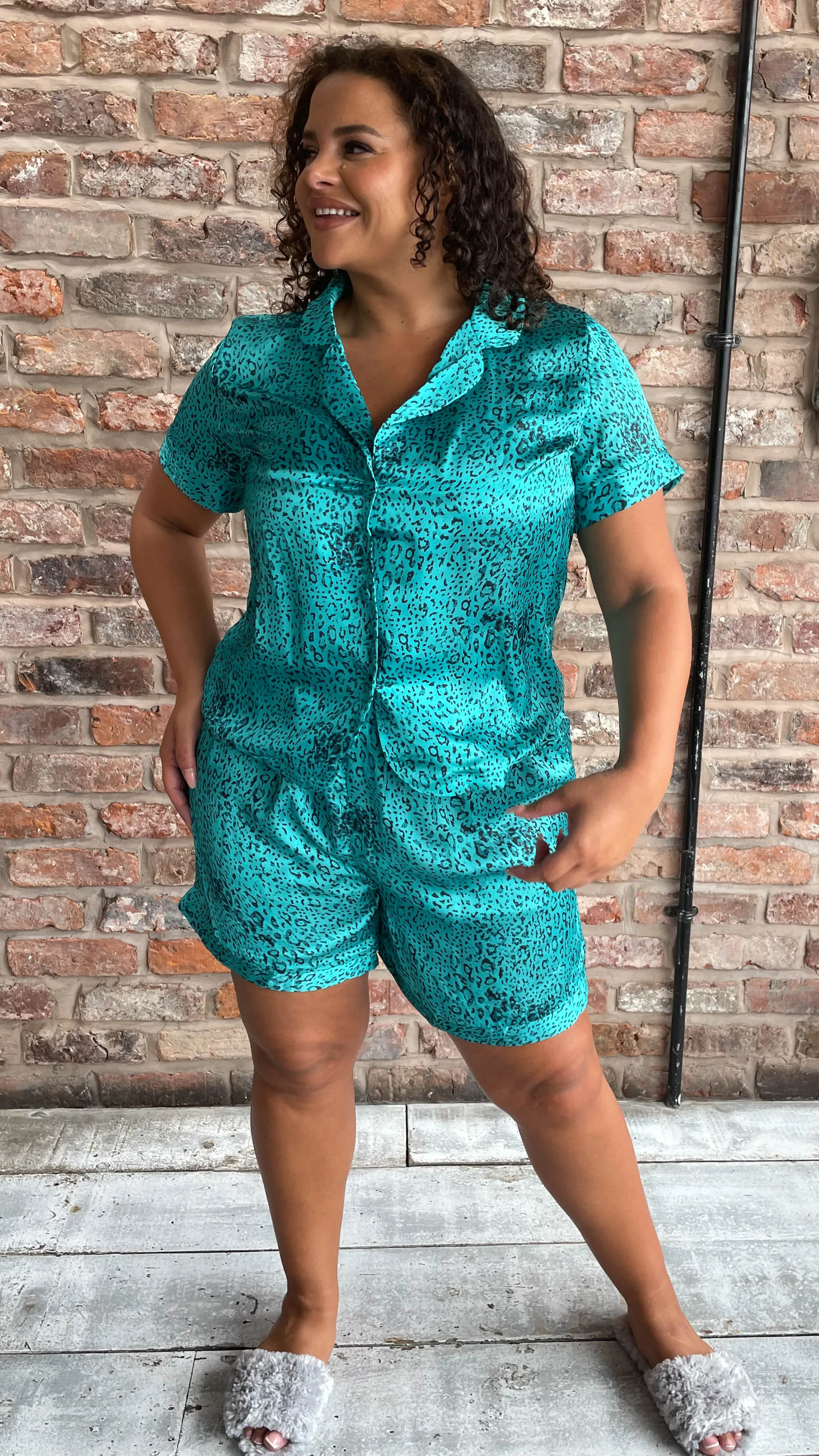 CurveWow Green Leopard Print Satin Pyjama Short Set