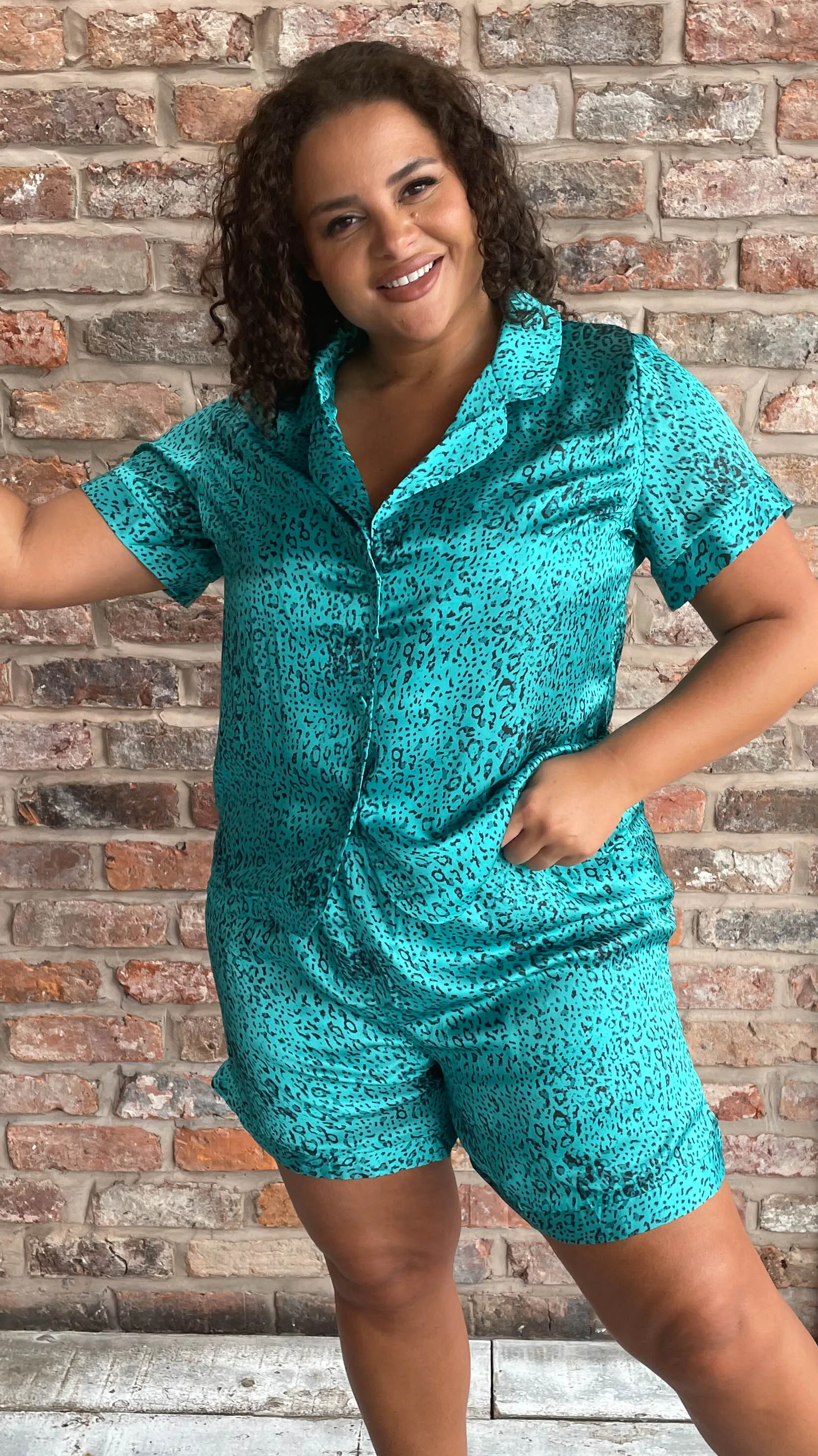 CurveWow Green Leopard Print Satin Pyjama Short Set