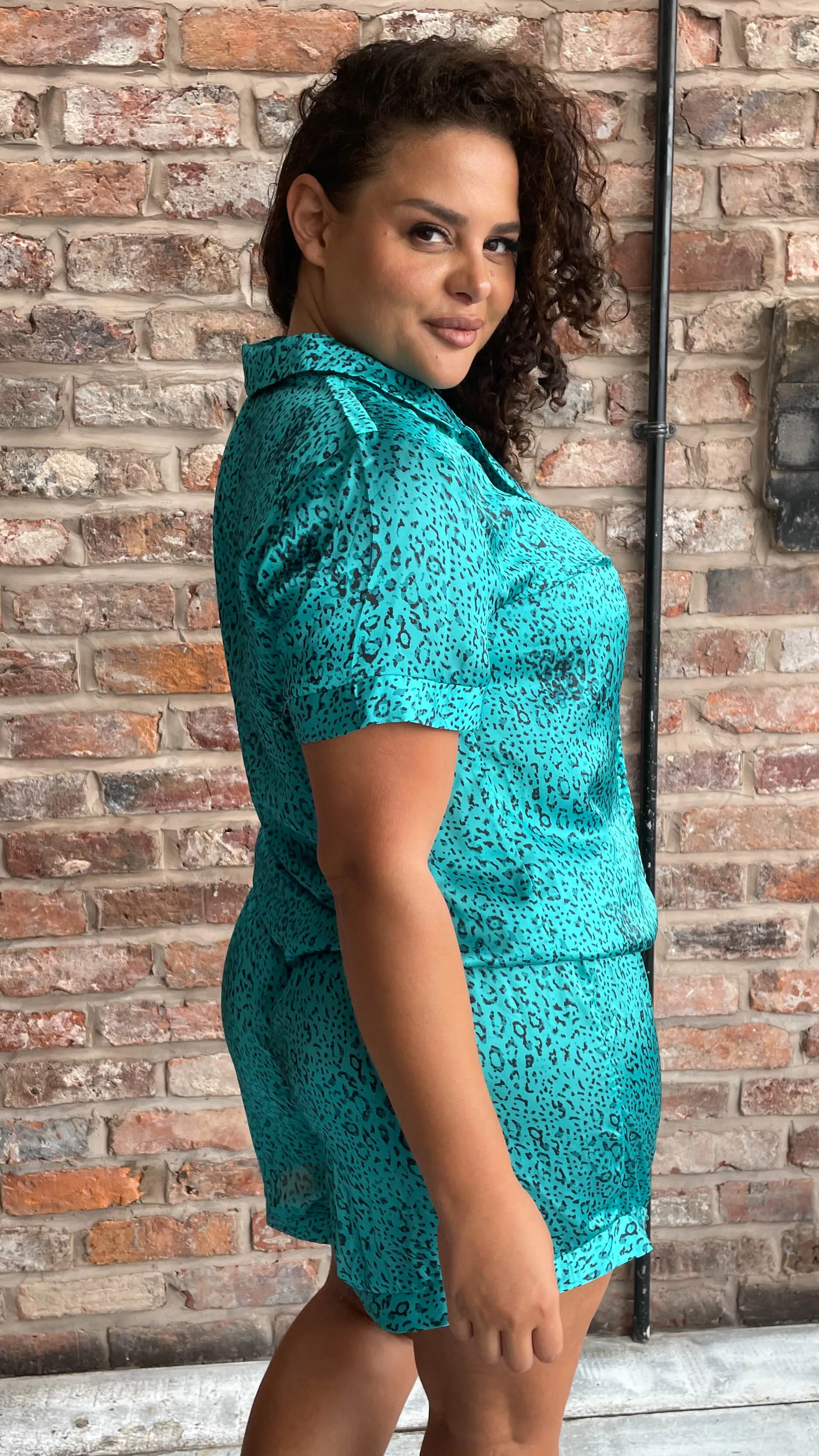 CurveWow Green Leopard Print Satin Pyjama Short Set