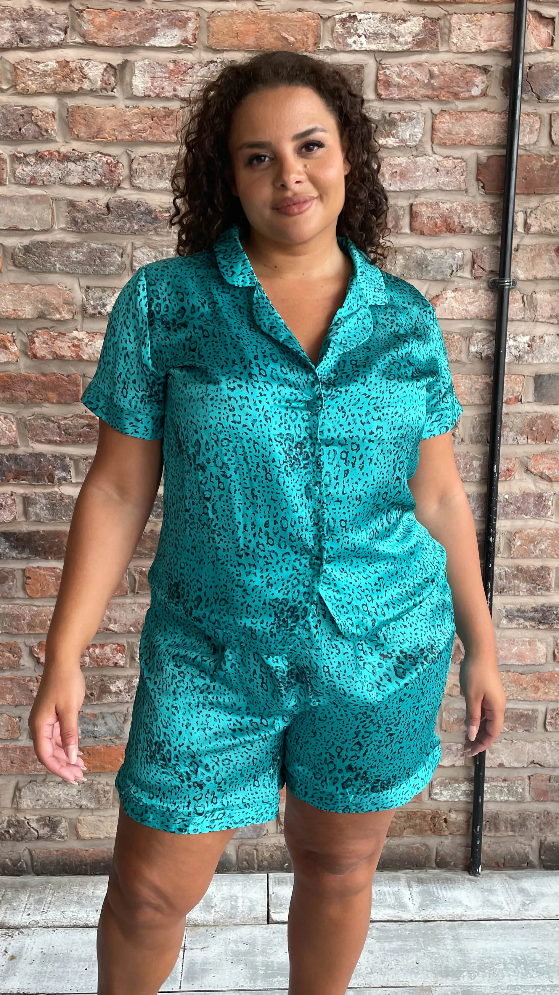 CurveWow Green Leopard Print Satin Pyjama Short Set