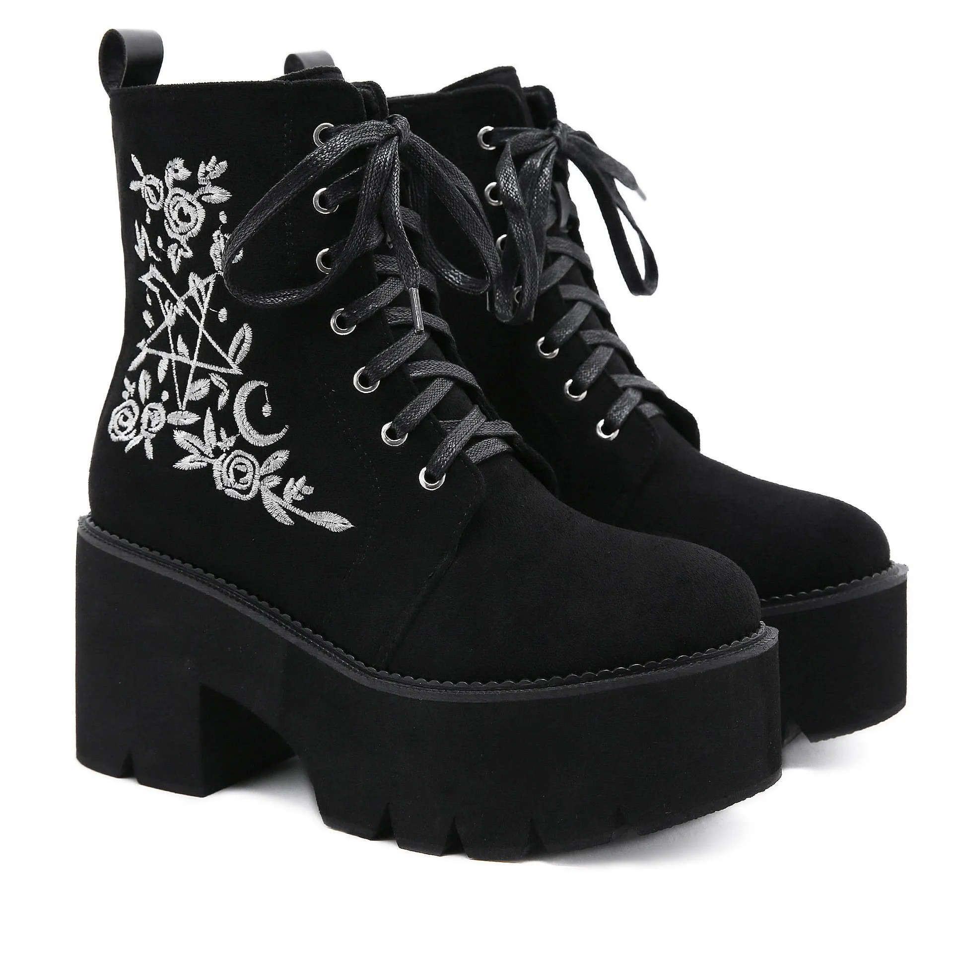 Fashion floral embroidery black front-lace chunky platform short booties