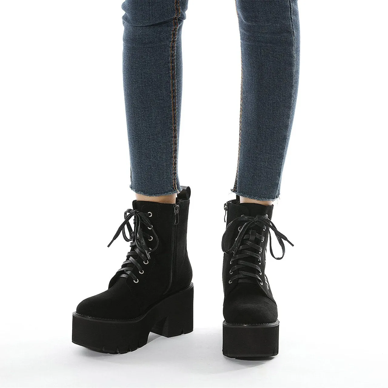 Fashion floral embroidery black front-lace chunky platform short booties