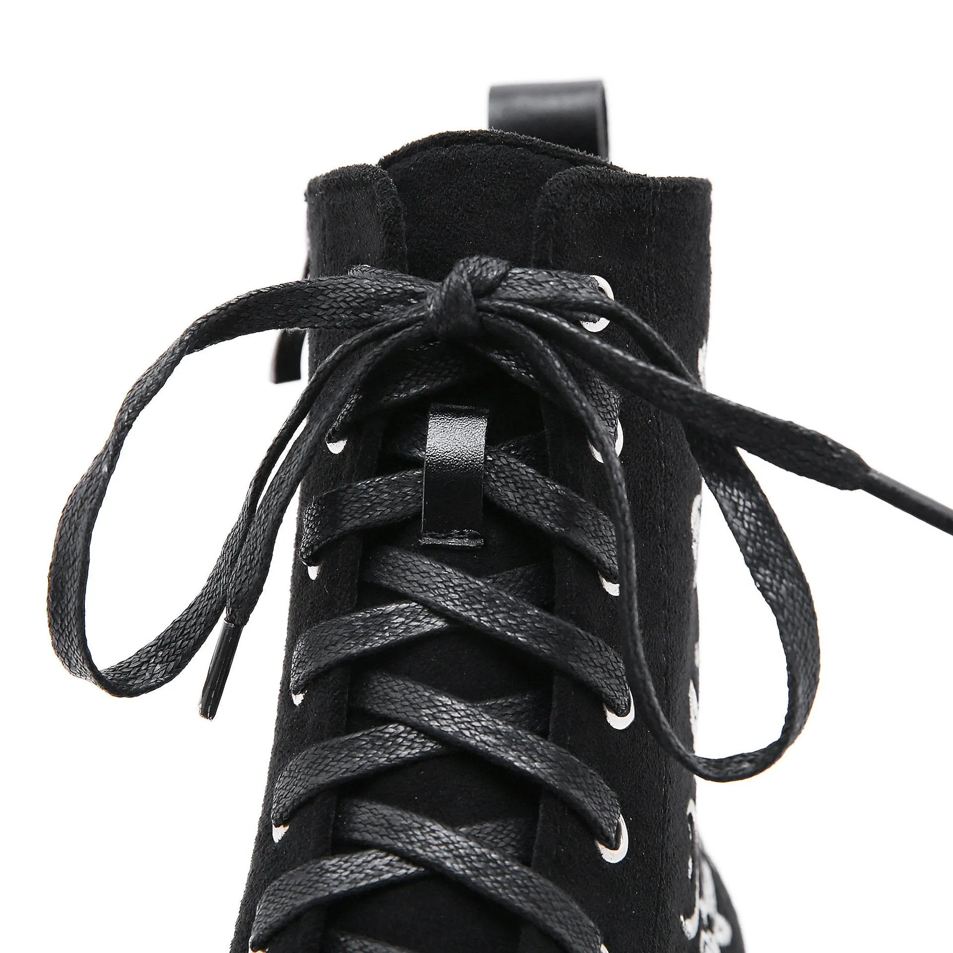 Fashion floral embroidery black front-lace chunky platform short booties