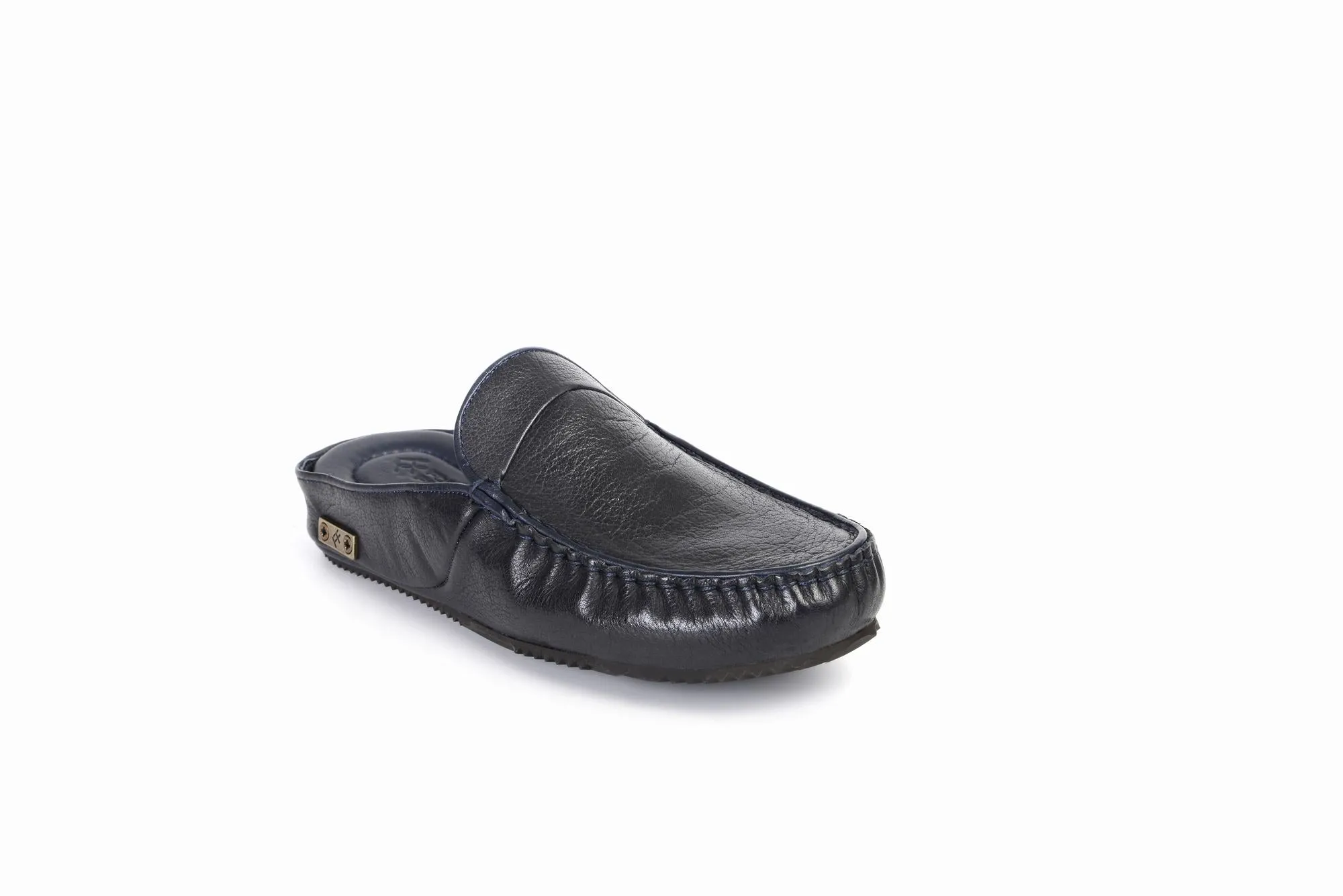 FOOT FEDERATION MOC-TOE MEN'S LEATHER SLIPPER DEERSKIN NAVY BLUE