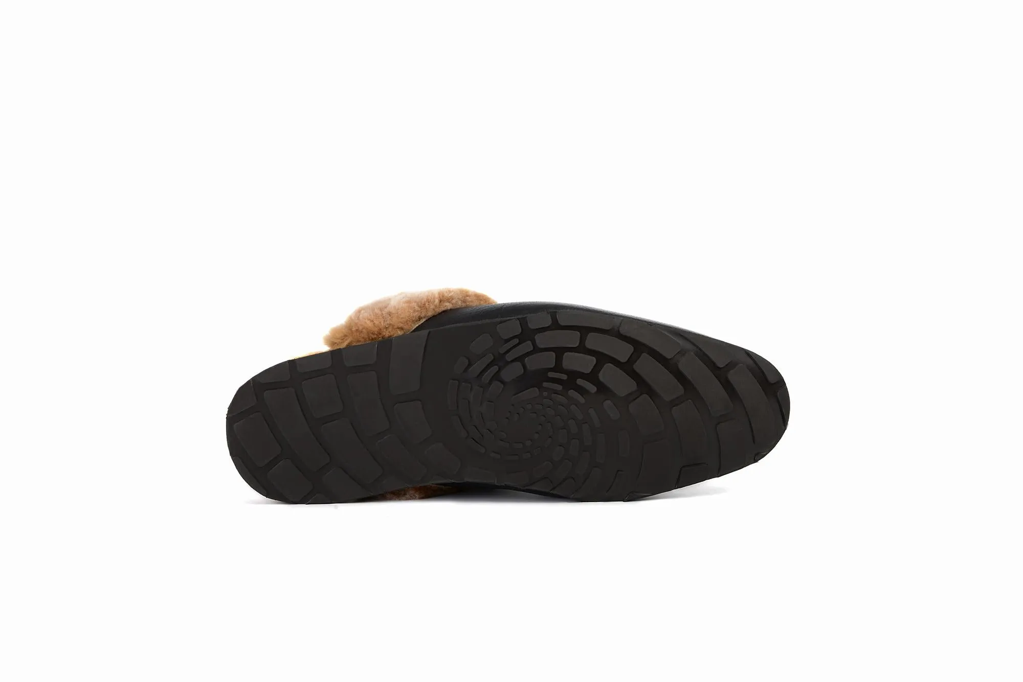 FOOT FEDERATION NATURAL FUR LINED MOC-TOE MEN'S LEATHER SLIPPER BROWN