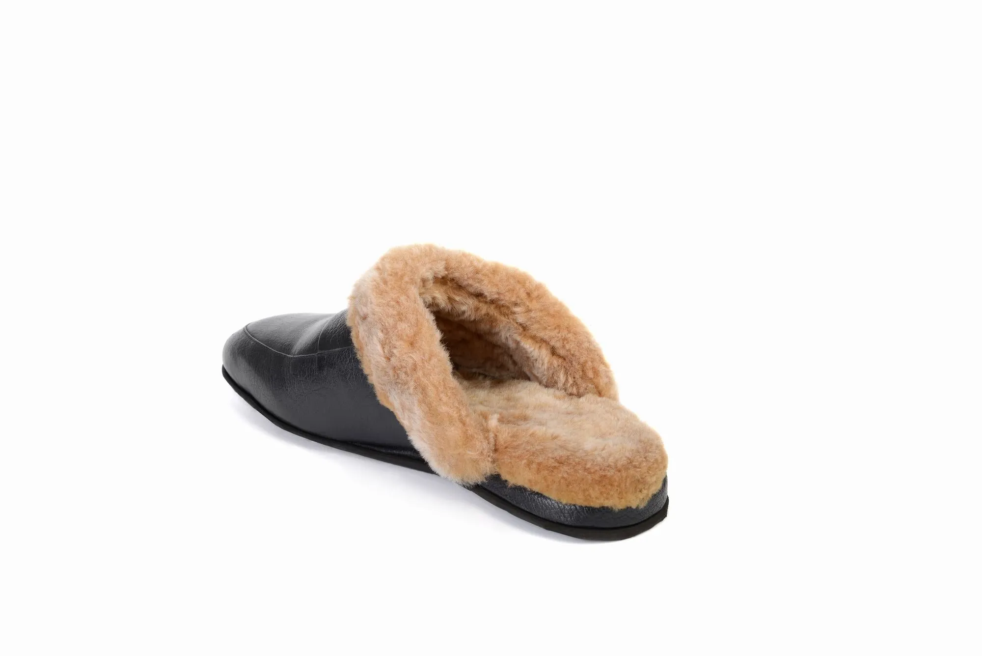 FOOT FEDERATION NATURAL FUR LINED MOC-TOE MEN'S LEATHER SLIPPER BROWN