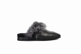 FOOT FEDERATION NATURAL FUR LINED WINGTIP MEN'S LEATHER SLIPPER BLACK