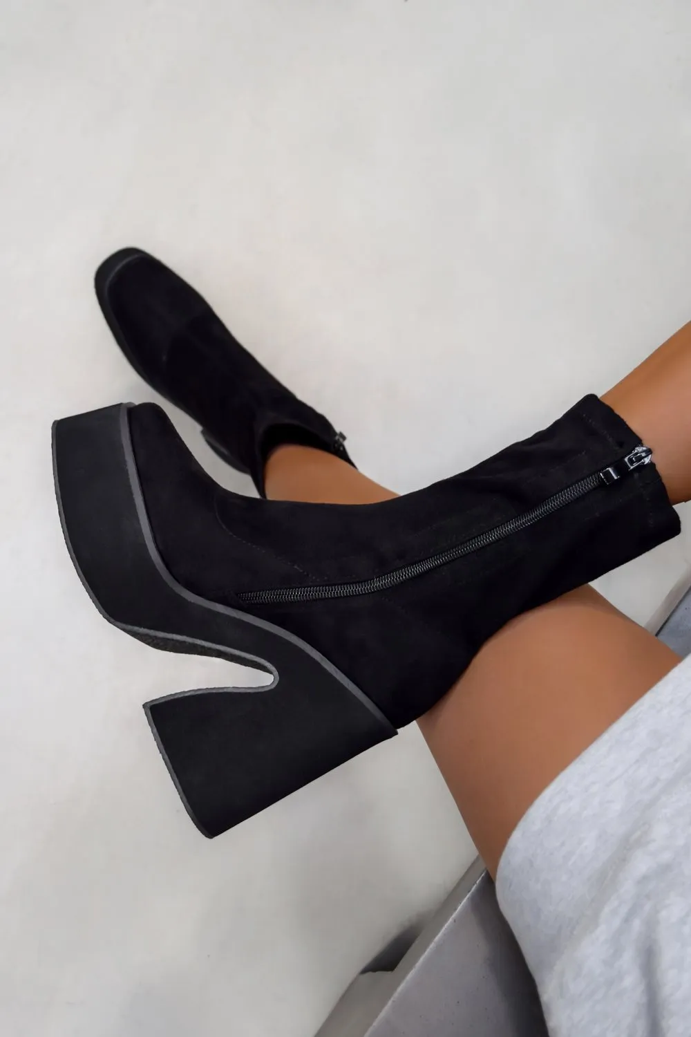HOLD UP Platform Sock Fit Boots - Black Faux Suede
