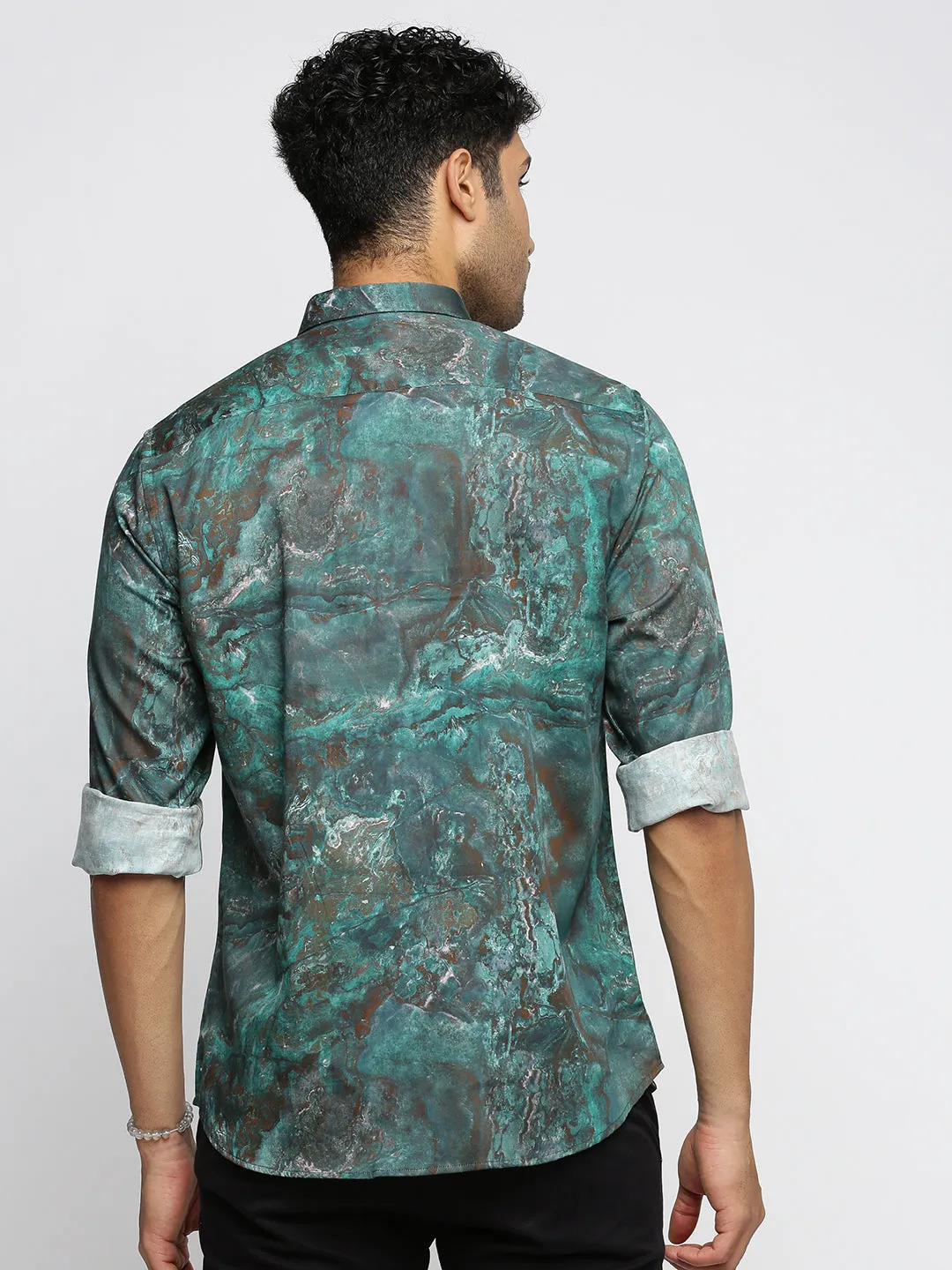 Men Green Spread Collar Abstract Shirt