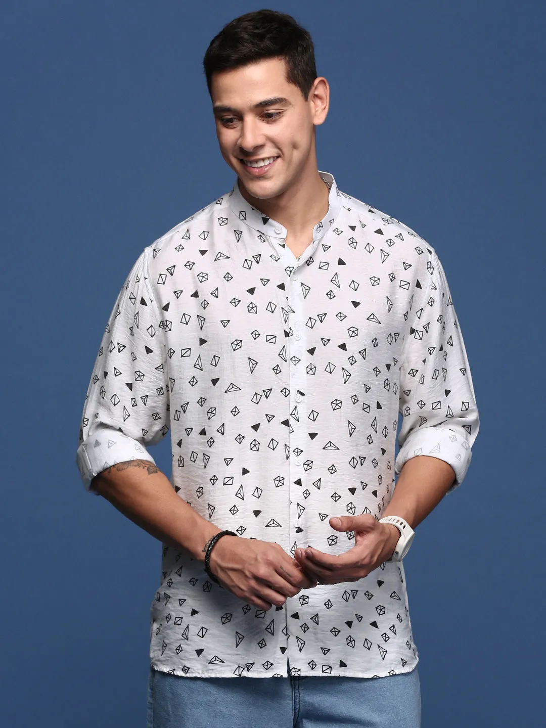 Men Mandarin Collar Geometric White Slim Fit Shirt