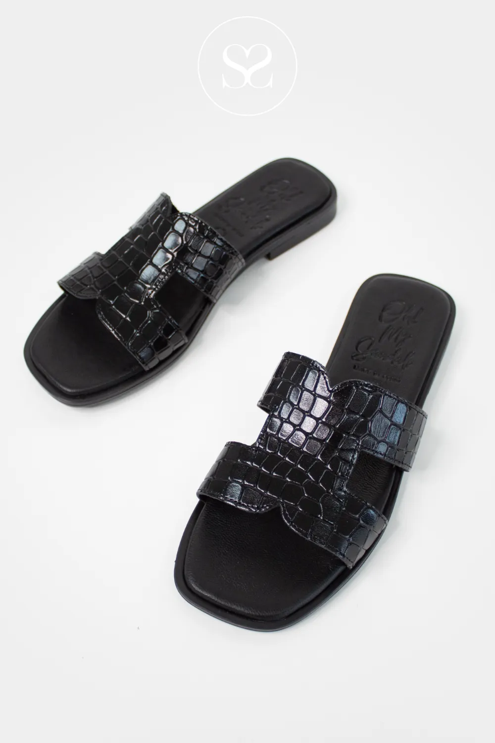 OH MY SANDALS 5580 BLACK LEATHER SLIP-ON SANDALS