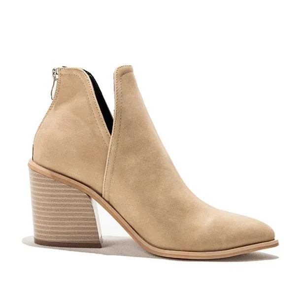 Women fashion pointed toe side v cut back zipper chunky ankle boots