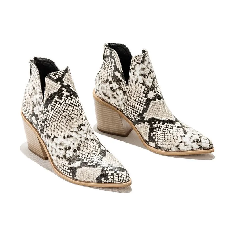 Women fashion pointed toe side v cut back zipper chunky ankle boots