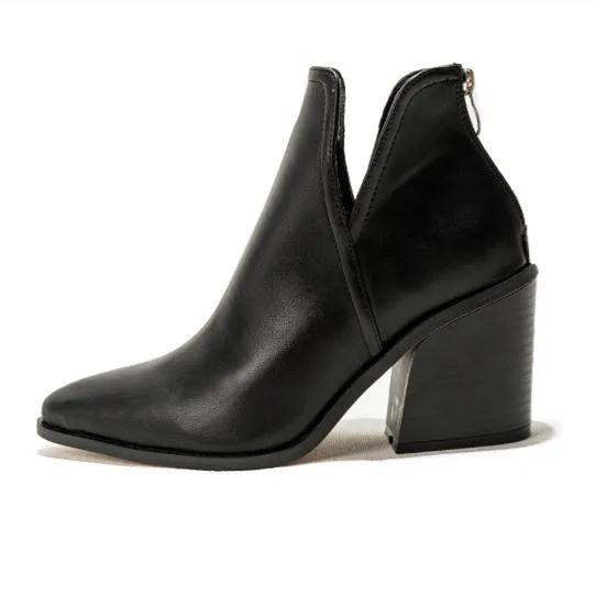 Women fashion pointed toe side v cut back zipper chunky ankle boots