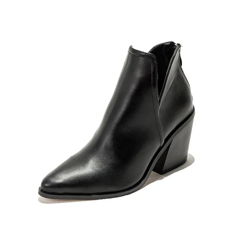 Women fashion pointed toe side v cut back zipper chunky ankle boots