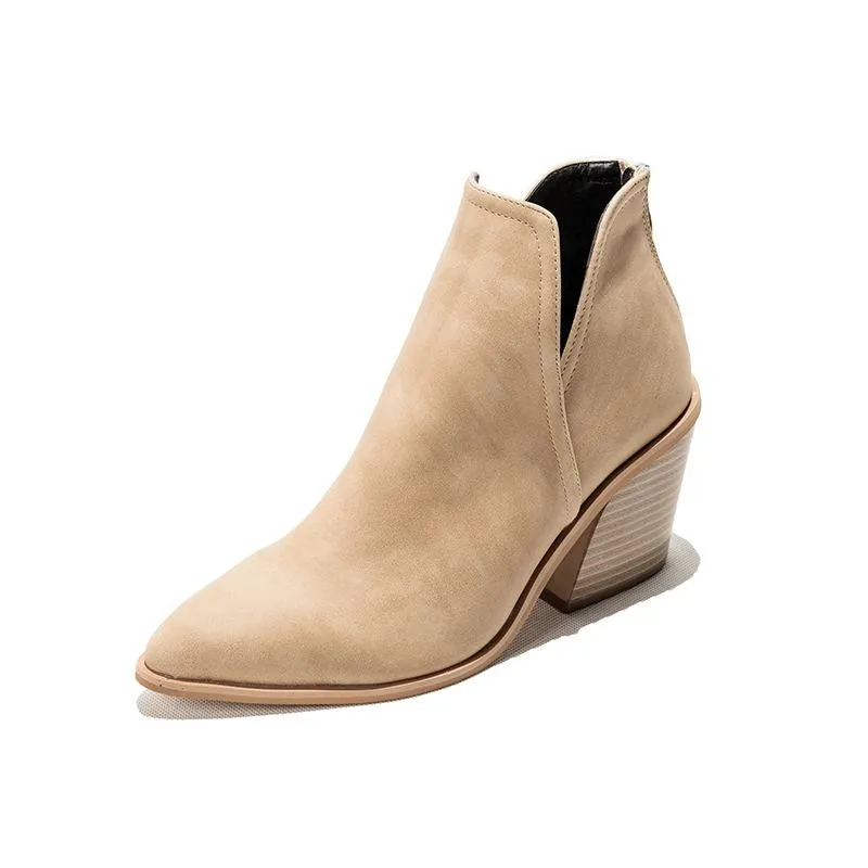 Women fashion pointed toe side v cut back zipper chunky ankle boots