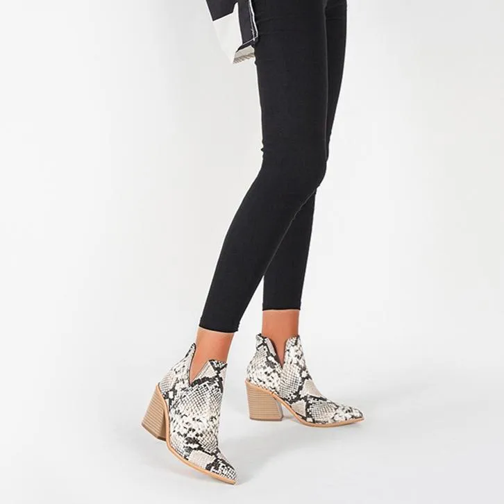 Women fashion pointed toe side v cut back zipper chunky ankle boots