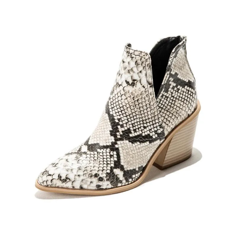 Women fashion pointed toe side v cut back zipper chunky ankle boots
