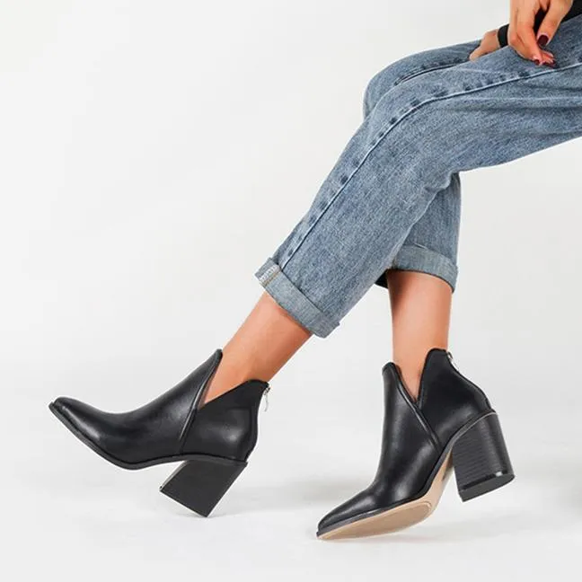 Women fashion pointed toe side v cut back zipper chunky ankle boots