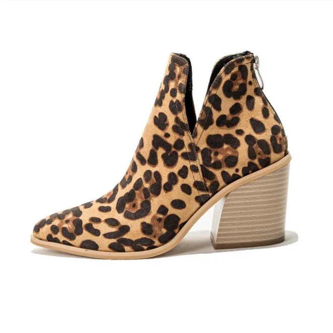 Women fashion pointed toe side v cut back zipper chunky ankle boots