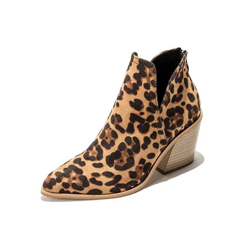 Women fashion pointed toe side v cut back zipper chunky ankle boots