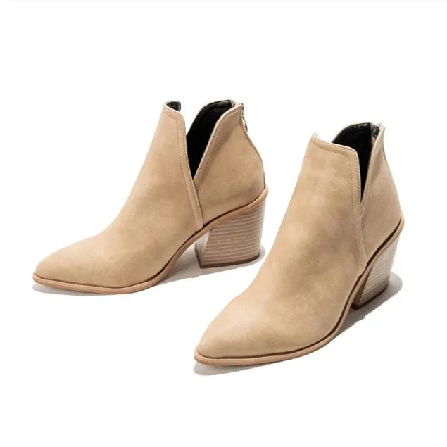 Women fashion pointed toe side v cut back zipper chunky ankle boots