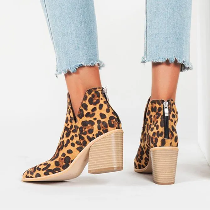 Women fashion pointed toe side v cut back zipper chunky ankle boots
