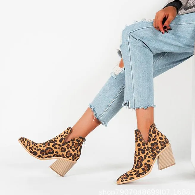 Women fashion pointed toe side v cut back zipper chunky ankle boots
