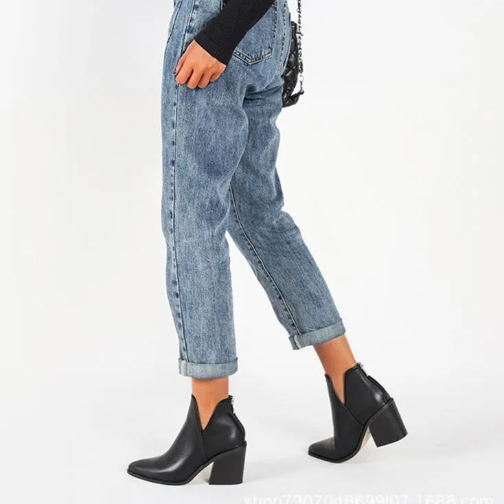 Women fashion pointed toe side v cut back zipper chunky ankle boots