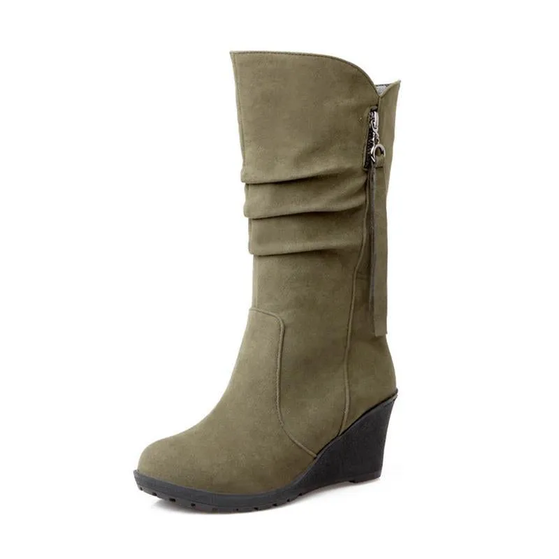 Women's wedge heel mid calf slouch boots