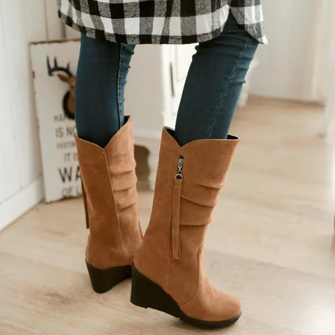 Women's wedge heel mid calf slouch boots