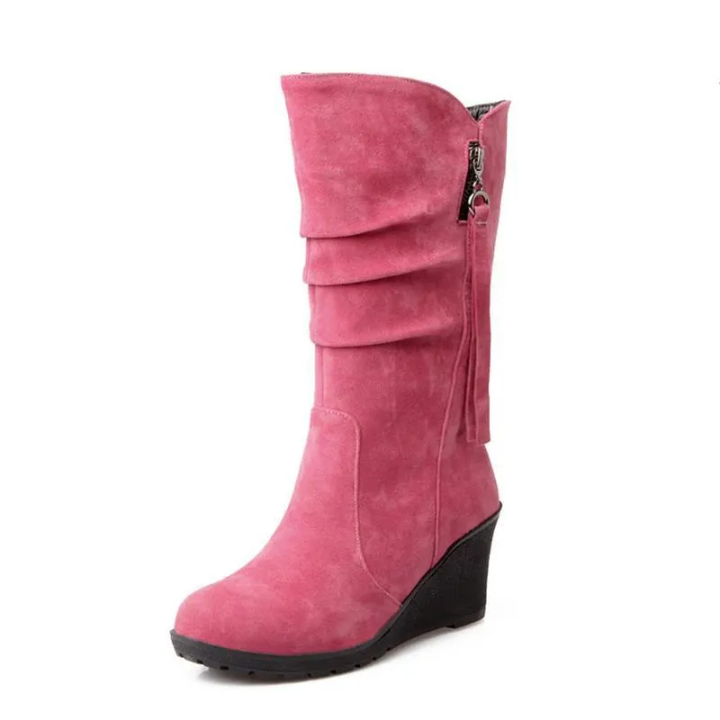Women's wedge heel mid calf slouch boots
