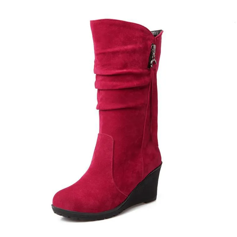 Women's wedge heel mid calf slouch boots