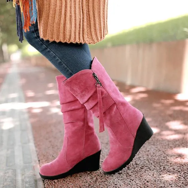 Women's wedge heel mid calf slouch boots