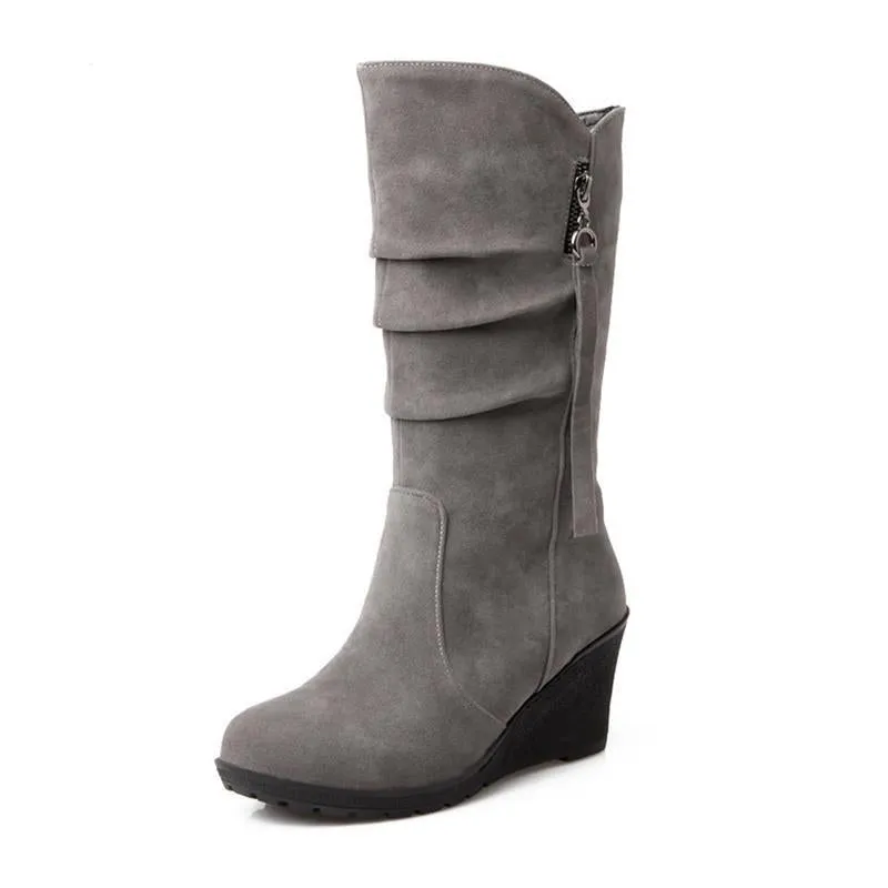 Women's wedge heel mid calf slouch boots