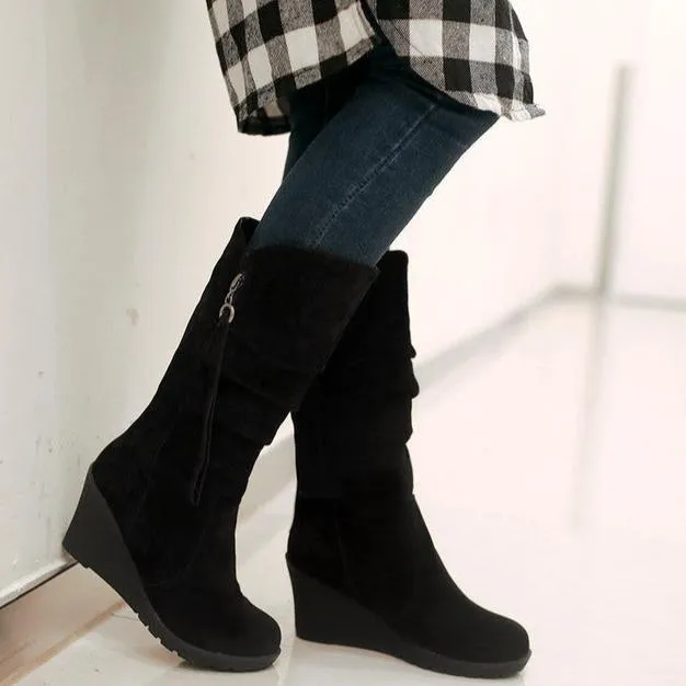 Women's wedge heel mid calf slouch boots