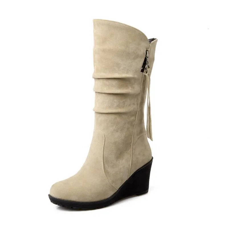 Women's wedge heel mid calf slouch boots