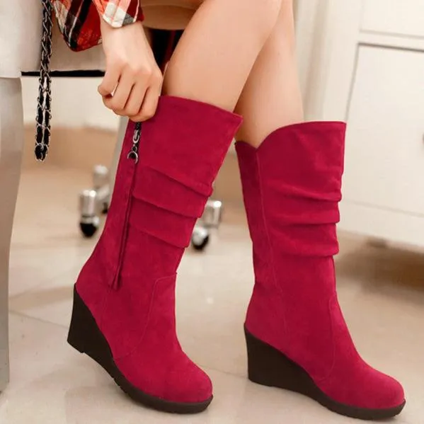 Women's wedge heel mid calf slouch boots